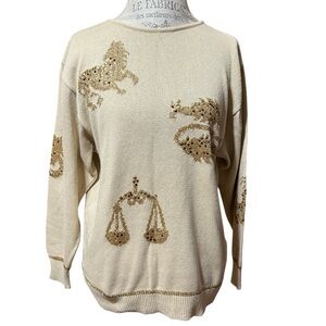 Vintage Mondi Beige and Gold Knit Top With Zodiac Signs with Rivets Size Large